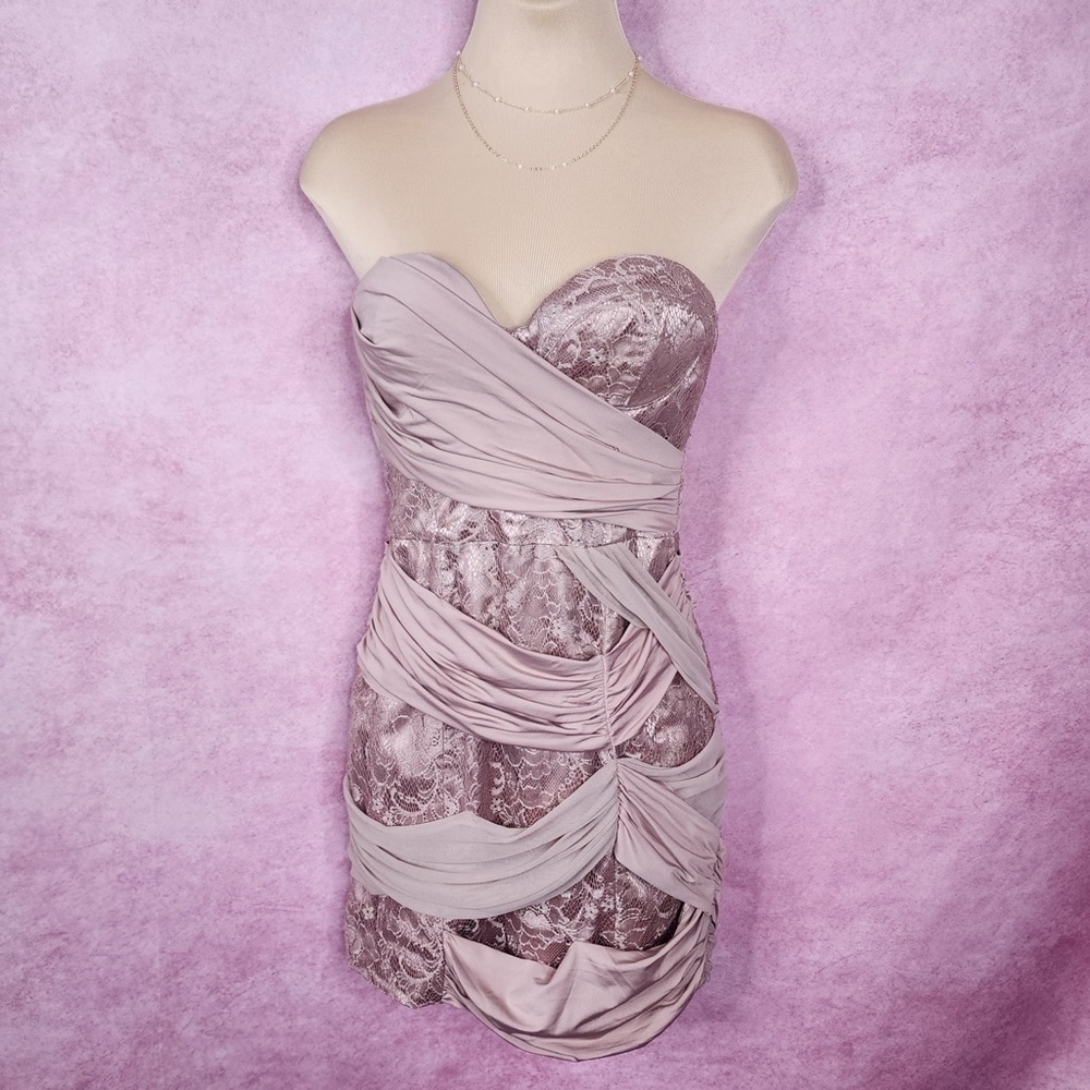 202. Bebe Strapless Lace Ruched Bodycon Cocktail Dress XS - Picture 3 of 8